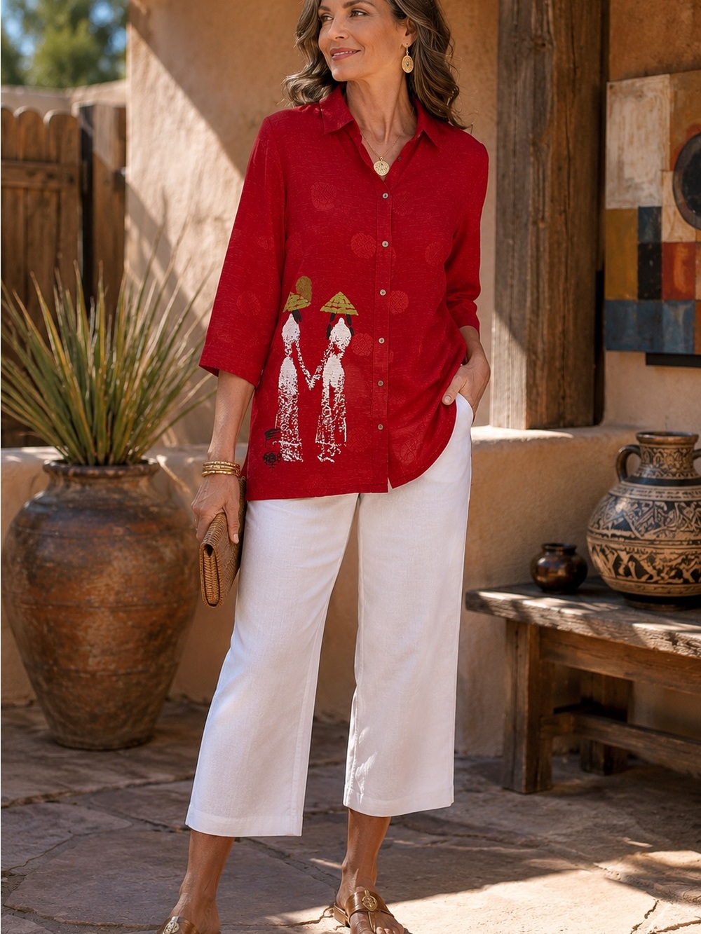 Chico’s Silk Linen Art Blouse Size 2 XL Red Jacquard Tunic Asian Print